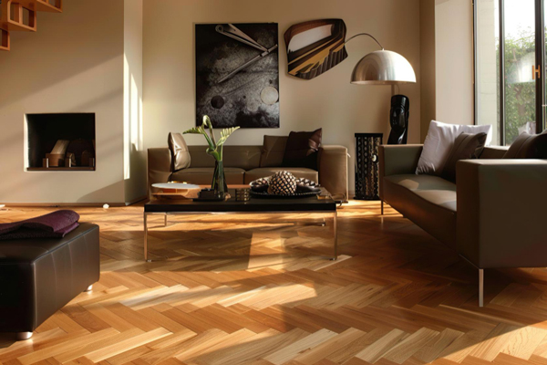 A cozy living room with wooden floors and furniture, creating a warm and inviting atmosphere.