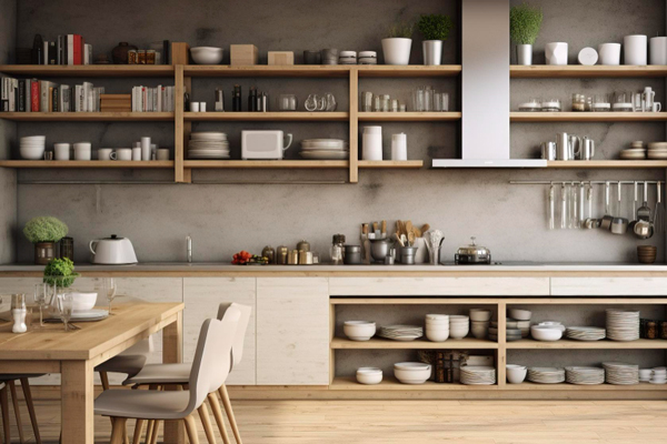 Kitchen with shelves and a table, showcasing a cozy and organized cooking space.